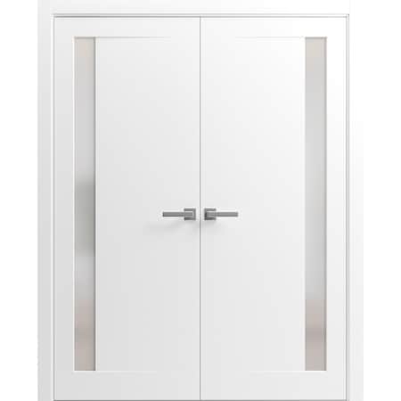 Sartodoors Solid French Double Doors 84 x 80in, Planum 0660 Painted White W/ Frosted Glass PLANUM0660DD-BEM-84